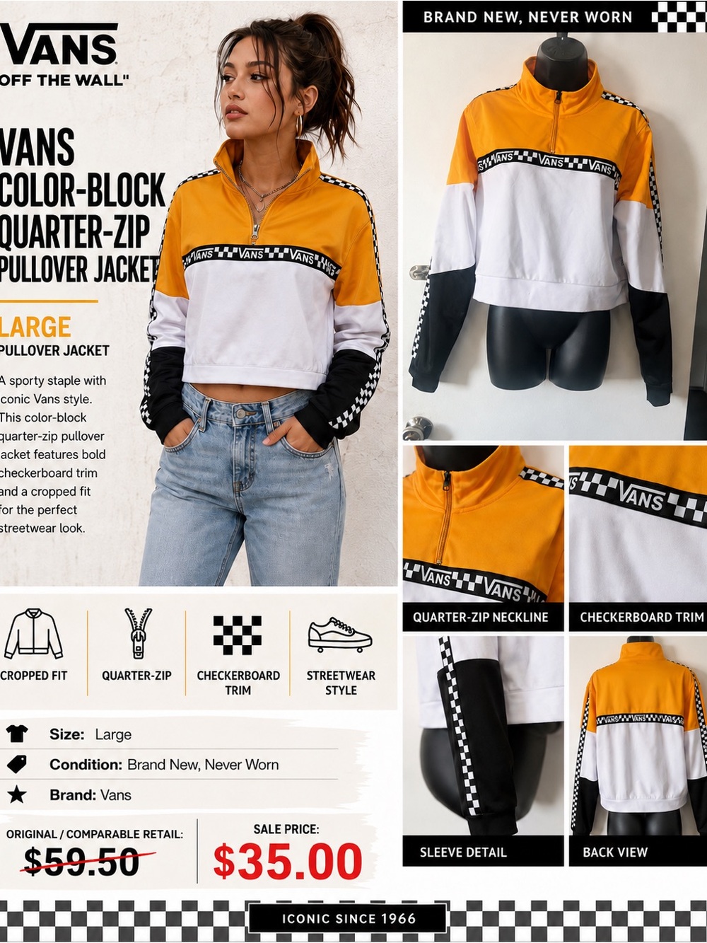 Vans Color-Block Quarter-Zip Pullover Jacket - Mustard/White/Black